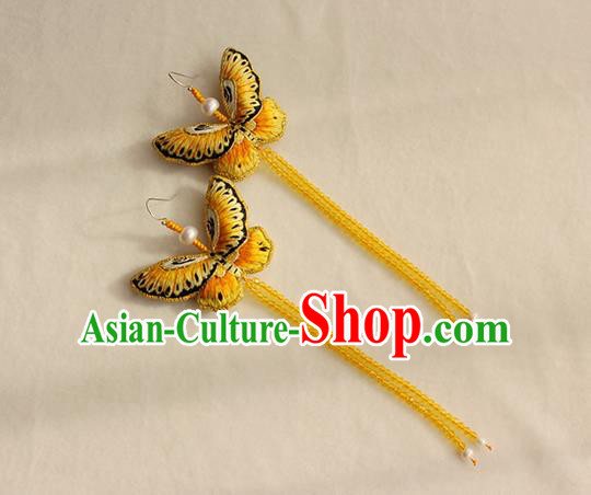 China Classical Yellow Beads Tassel Ear Accessories Women Jewelry Handmade Traditional Embroidered Butterfly Earrings