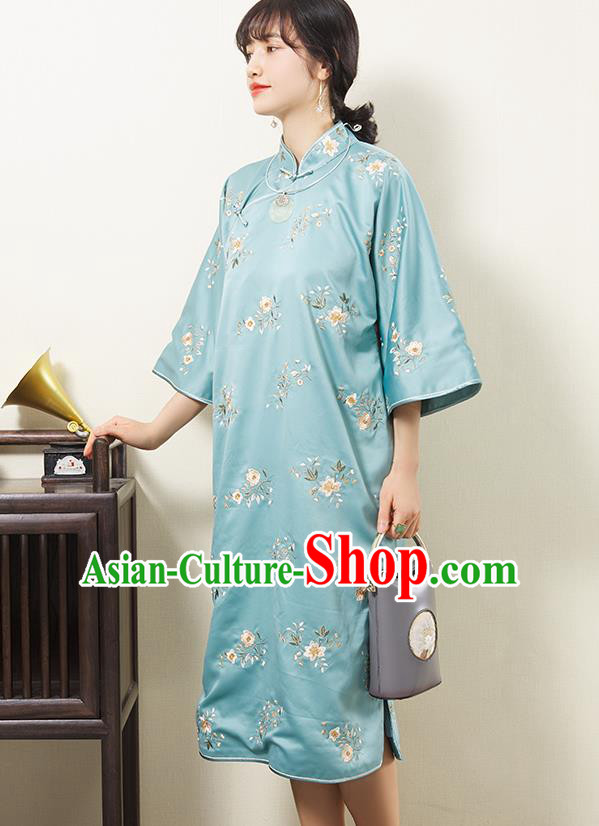 China Embroidered Light Blue Silk Qipao Dress Classical Cheongsam Traditional Women Clothing