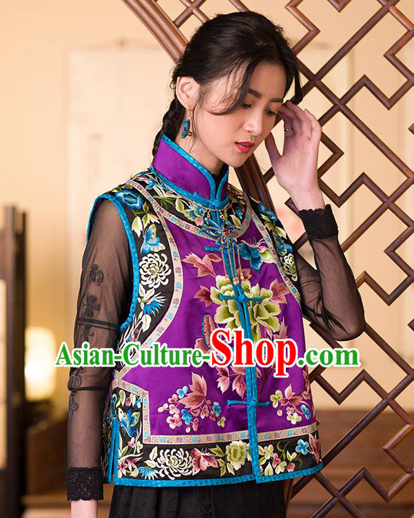 Chinese Classical Tang Suit Vest Upper Outer Garment Traditional Purple Silk Embroidered Waistcoat Costume