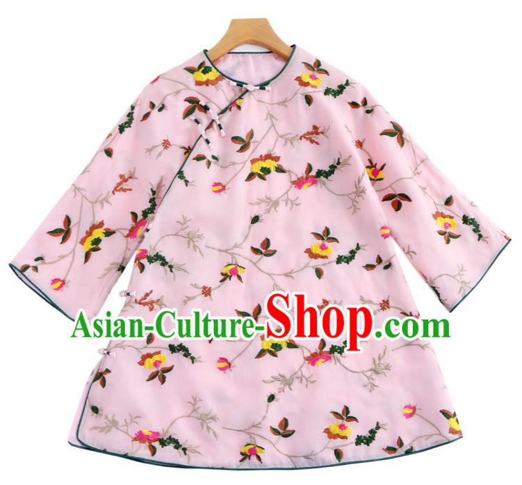 Traditional Chinese Tang Suit Upper Outer Garment Costume Classical Blouse Embroidered Pink Shirt