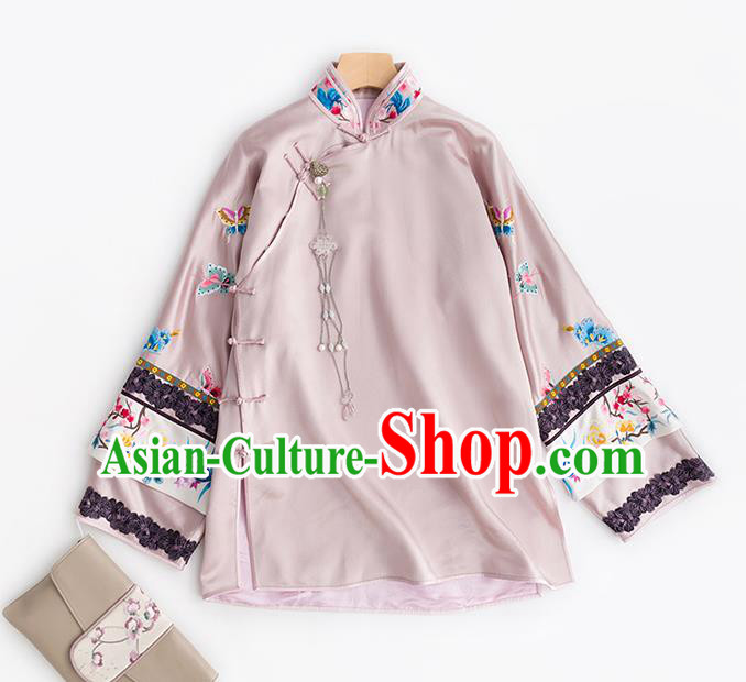 Chinese Classical Pink Silk Blouse Tang Suit Upper Outer Garment Embroidered Shirt Traditional Costume