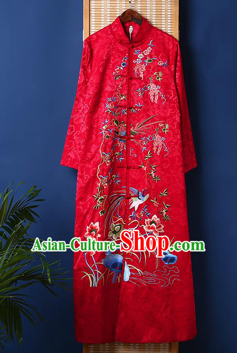 Chinese Embroidered Red Brocade Dust Coat Traditional National Costume Tang Suit Outer Garment