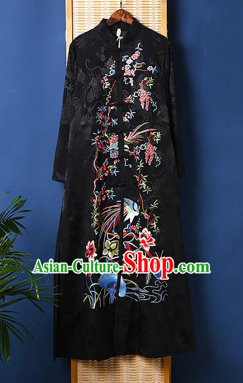 Chinese Traditional National Costume Tang Suit Outer Garment Embroidered Lotus Black Brocade Dust Coat