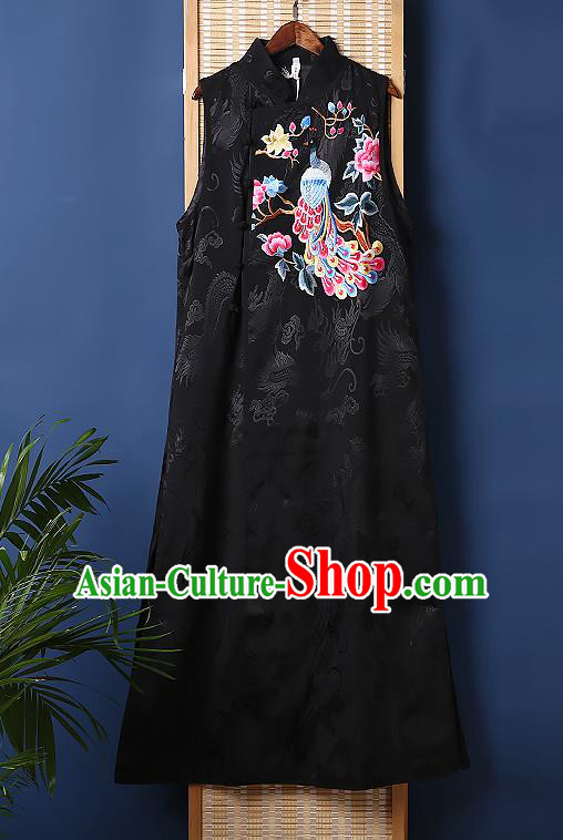 Chinese Tang Suit Black Brocade Cheongsam National Embroidered Phoenix Peony Long Dress Traditional Costume