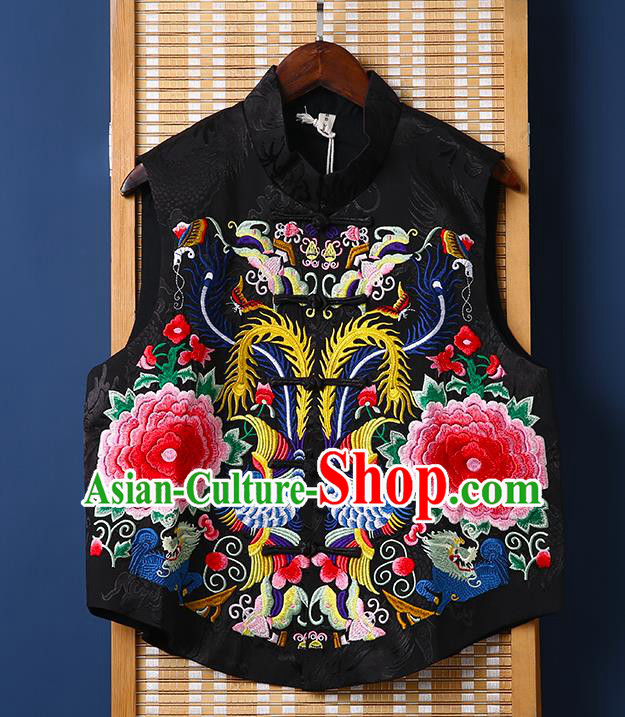 Chinese Tang Suit Embroidered Black Brocade Vest National Cheongsam Upper Outer Garment