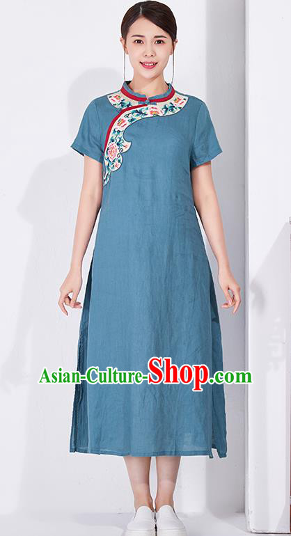 China Classical Blue Flax Cheongsam Traditional Women Dress Embroidered Qipao Clothing