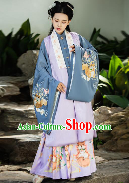 China Ancient Royal Princess Hanfu Clothing Traditional Ming Dynasty Noble Infanta Embroidered Lilac Vest Blouse and Skirt Complete Set