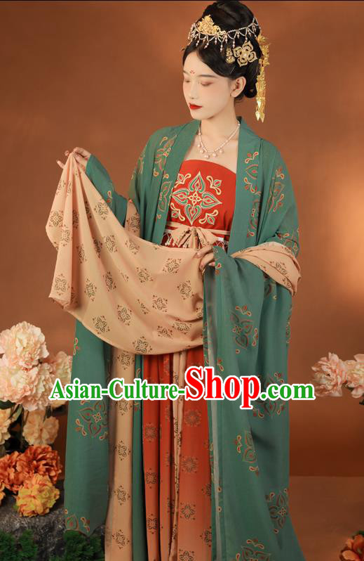 Traditional China Tang Dynasty Imperial Concubine Green Cape and Dress Ancient Court Women Hanfu Clothing