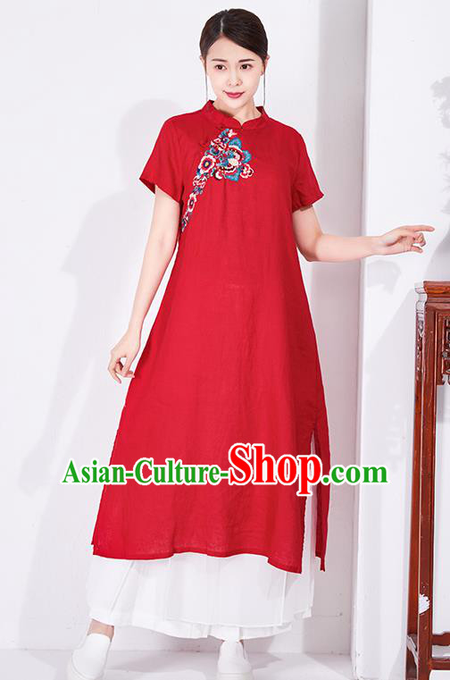 China National Qipao Clothing Traditional Women Dress Classical Embroidered Red Flax Cheongsam