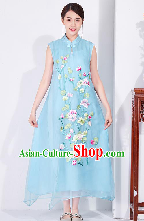 China Embroidered Blue Chiffon Cheongsam Traditional Women Classical Dress National Qipao Clothing