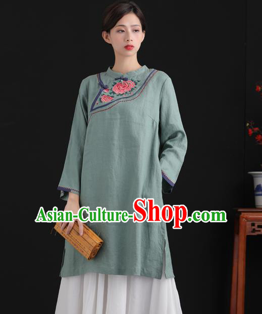 Chinese National Embroidered Green Flax Jacket Tang Suit Upper Outer Garment Women Blouse Costume