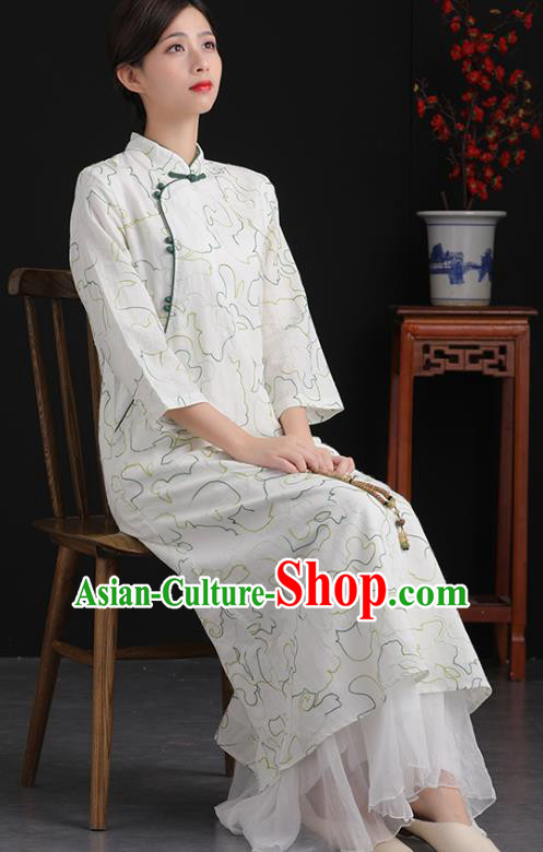 China Tang Suit National Qipao Traditional Women Classical Dress White Flax Cheongsam Tea Culture Clothing