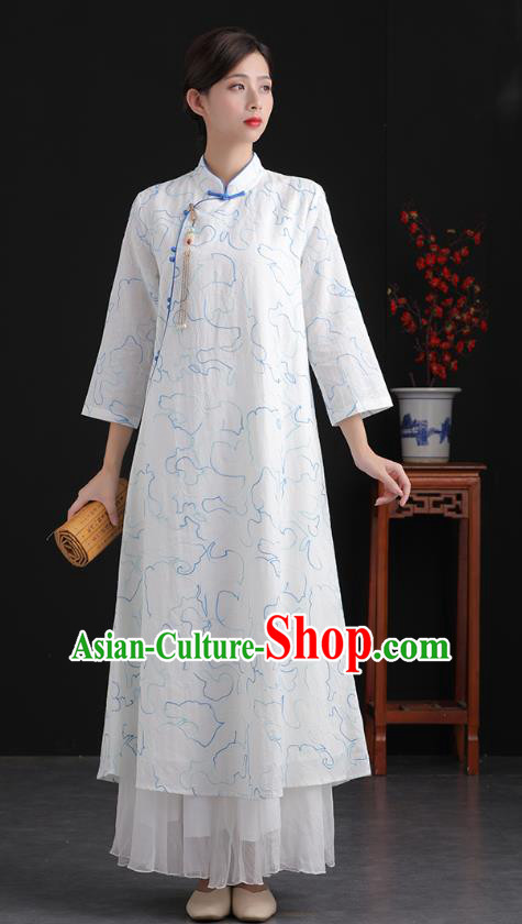 China National White Flax Cheongsam Traditional Women Classical Dress Tea Culture Clothing Tang Suit Embroidered Qipao