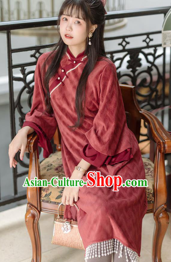 China Tang Suit Red Corduroy Qipao Clothing Traditional Women Classical Dress National Wide Sleeve Cheongsam