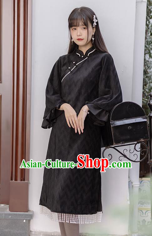 China Traditional Women Classical Dress National Wide Sleeve Cheongsam Tang Suit Black Qipao Clothing