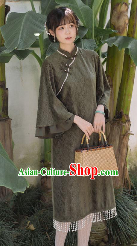 China Traditional National Wide Sleeve Cheongsam Tang Suit Olive Green Qipao Clothing Women Classical Dress