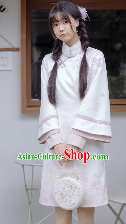 China Traditional Printing Wide Sleeve Qipao Tang Suit Clothing National Beige Cheongsam Women Classical Dress