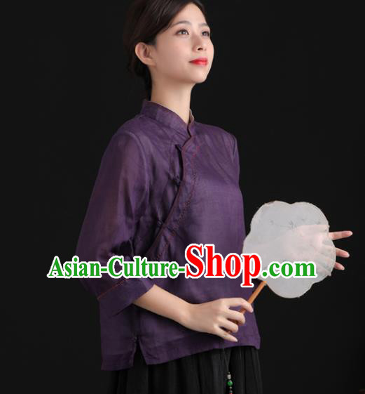 Chinese National Deep Purple Shirt Tang Suit Upper Outer Garment Women Costume Ramine Blouse