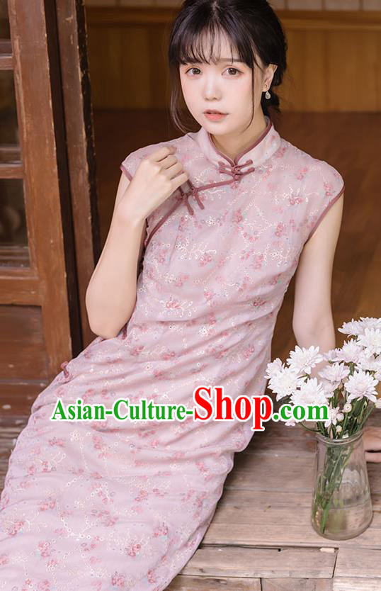 China Pink Flax Qipao National Cheongsam Women Classical Dress Traditional Tang Suit Clothing