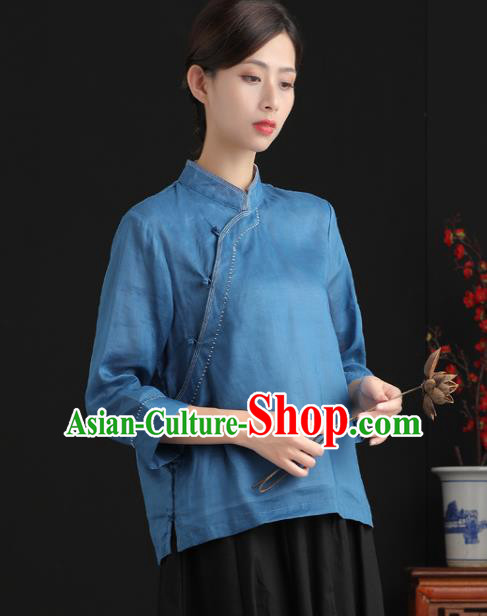 Chinese Tang Suit Upper Outer Garment Women Costume Ramine Blouse National Blue Shirt