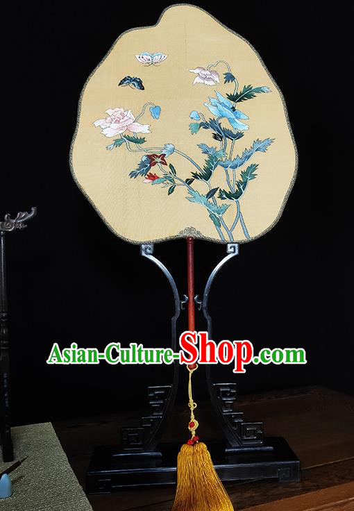 China Handmade Palace Fan Traditional Bamboo Fans Printing Peony Butterfly Silk Fan