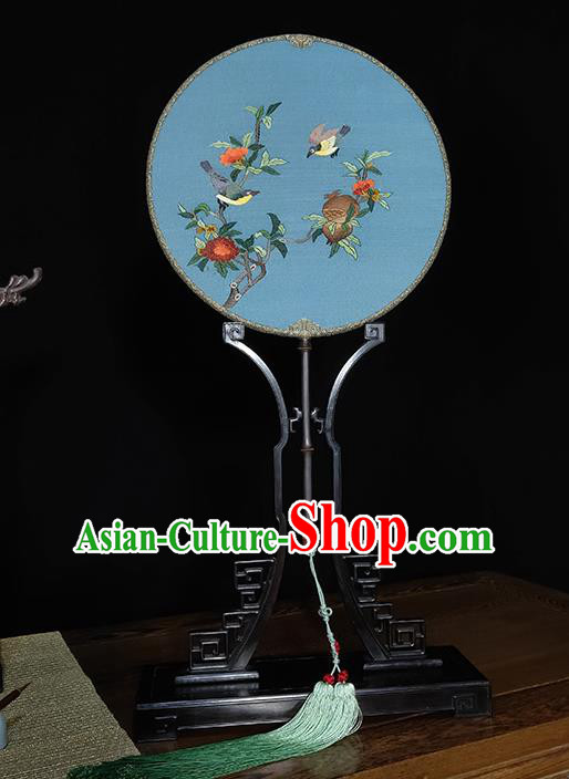 China Blue Silk Fan Traditional Bamboo Fans Handmade Printing Pomegranate Bird Palace Fan