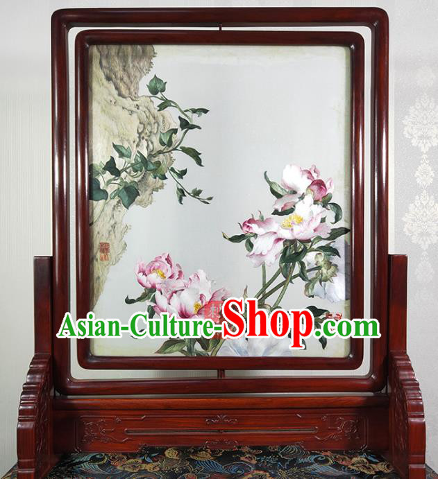 Chinese Handmade Embroidered Craft Suzhou Embroidery Decoration Traditional Peony Painting Screen