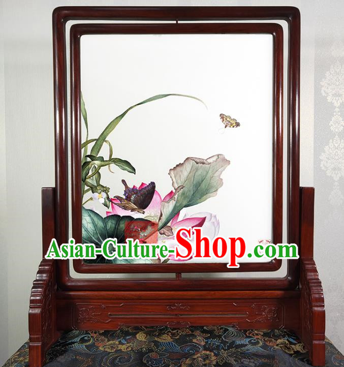 Chinese Suzhou Embroidery Lotus Desk Decoration Traditional Painting Rotating Screen Handmade Embroidered Craft