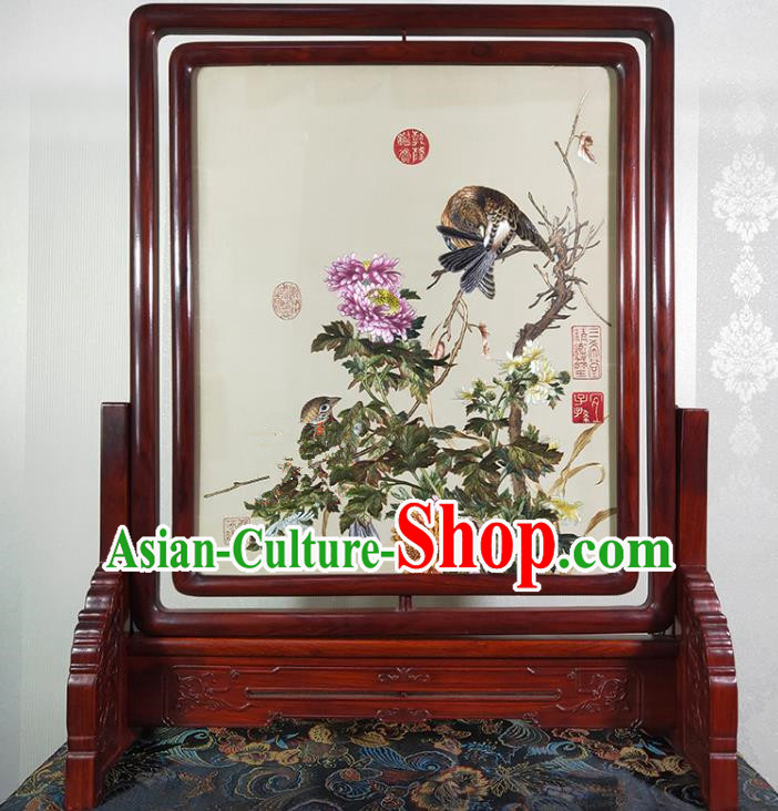 Chinese Embroidered Craft Traditional Desk Decoration Handmade Suzhou Embroidery Chrysanthemum Painting Rotating Screen