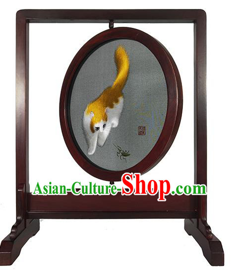 Chinese Handmade Table Decoration Traditional Embroidered Craft Suzhou Embroidery Yellow Cat Rotating Screen