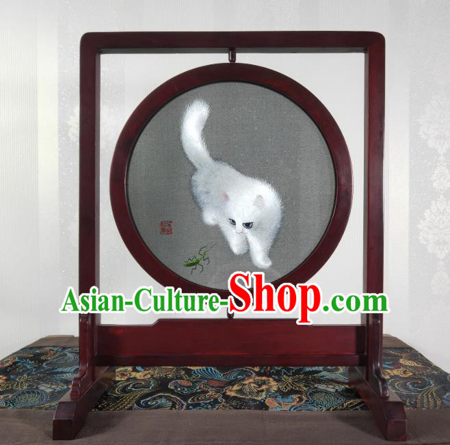 Chinese Handmade Double Side Suzhou Embroidery Cat Rotating Screen Traditional Embroidered Screen Craft Rosewood Table Decoration