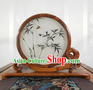 Chinese Suzhou Embroidery Craft Embroidered Bamboo Painting Decoration Handmade Palisander Table Screen