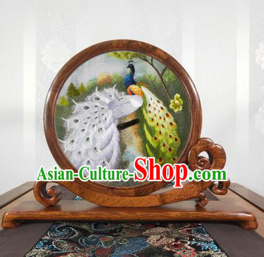 Handmade Palisander Table Screen Top Grade Suzhou Embroidery Craft Chinese Embroidered Peacock Desk Decoration