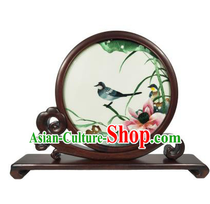 Chinese Rosewood Table Decoration Handmade Double Side Suzhou Embroidery Screen Traditional Embroidered Lotus Bird Screen Craft