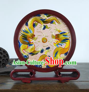 China Handmade Embroidered Rosewood Home Decoration Traditional Wood Carving Craft Classical Dragon Painting Table Screen