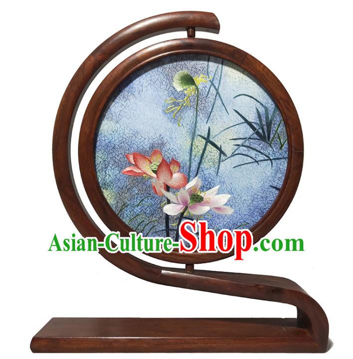 Handmade Embroidered Lotus Table Screen China Traditional Rosewood Home Decoration