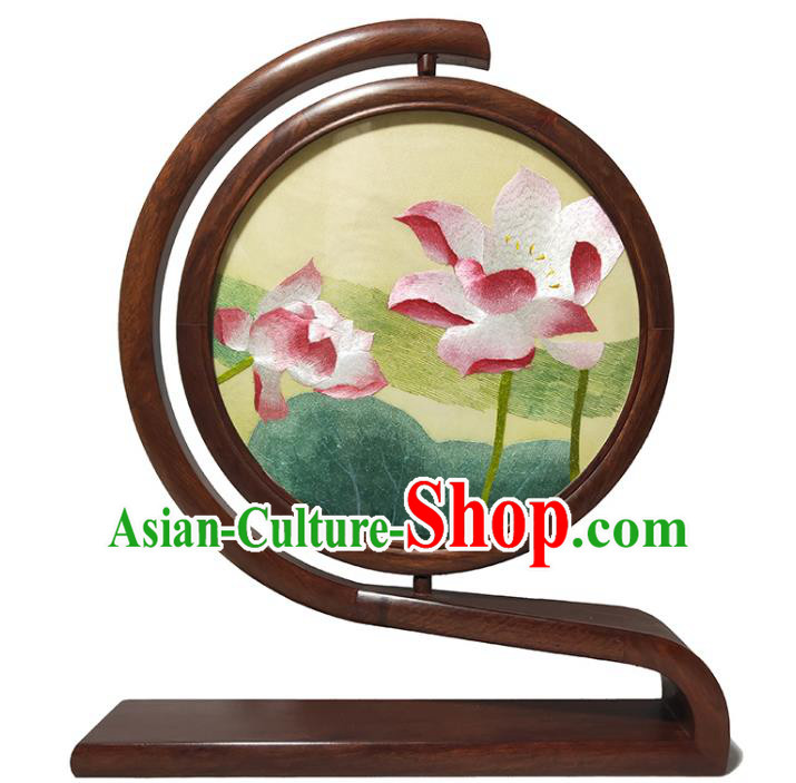 China Rosewood Table Screen Traditional Craft Handmade Double Side Embroidered Lotus Screen