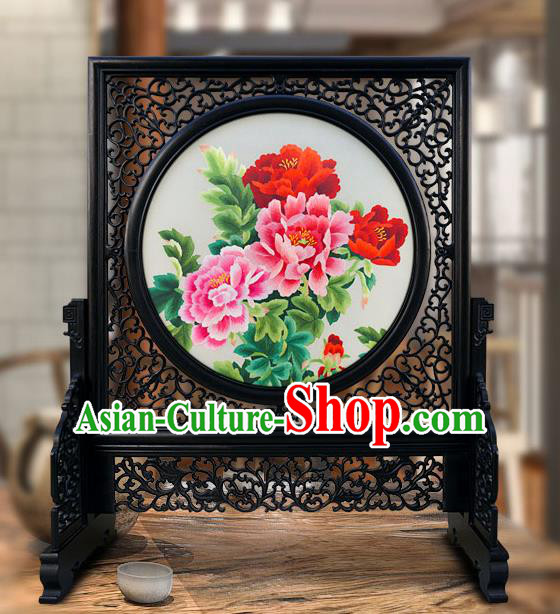 China Traditional Home Furnishings Handmade Craft Wood Carving Table Screen Embroidered Peony Screen