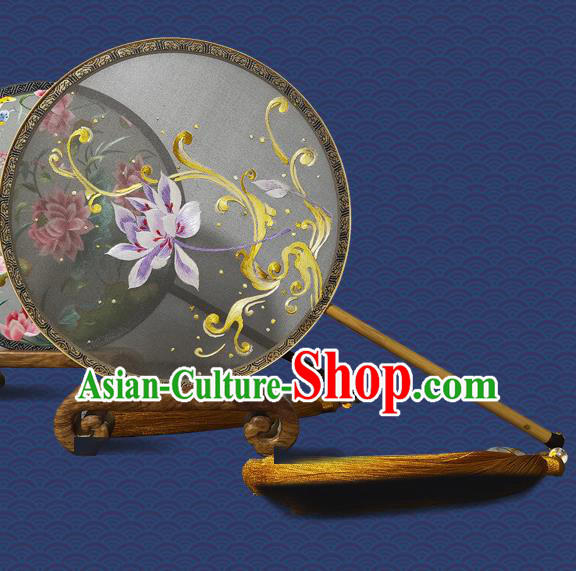 Handmade Embroidered Round Fan China Traditional Hanfu Palace Fan Suzhou Embroidery Lotus Silk Fan