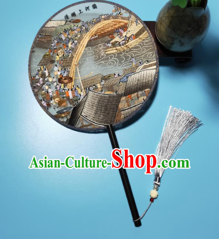 Handmade Embroidered Riverside Scene at Qingming Festival Palace Fan Traditional Hanfu Round Fan China Suzhou Embroidery Silk Fan