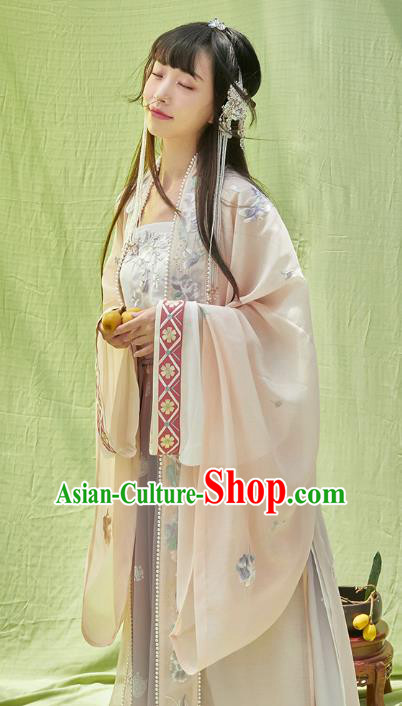 China Ancient Song Dynasty Young Lady Embroidered Costumes Traditional Hanfu Clothing Beige BeiZi Top and Skirt for Women