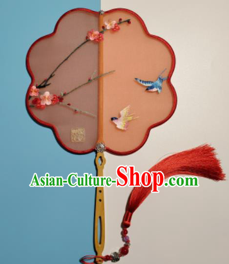 Traditional Embroidered Plum Blossom Palace Fan Handmade Double Side Hanfu Fan China Suzhou Embroidery Classical Dance Red Silk Fan