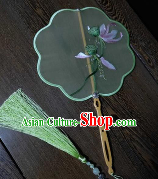 Traditional Hanfu Classical Dance Embroidered Fan China Suzhou Embroidery Lotus Fans Handmade Green Silk Palace Fan