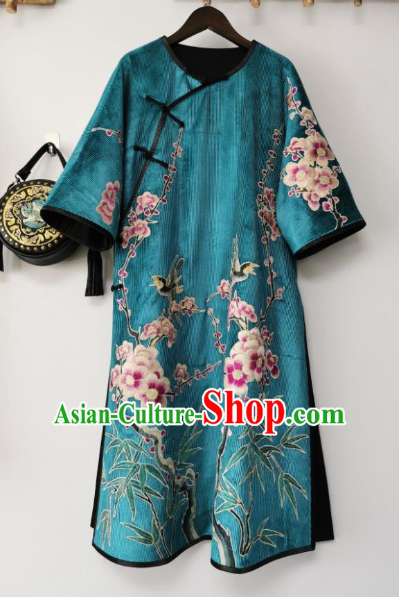 Traditional Chinese Blue Corduroy Qipao Dress Embroidered Cheongsam