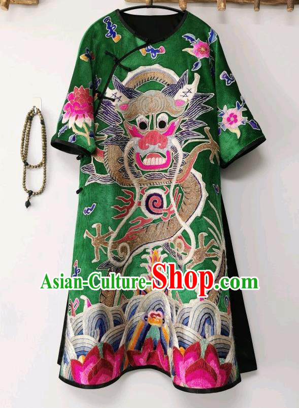 Traditional Chinese Embroidered Dragon Cheongsam Green Corduroy Qipao Dress