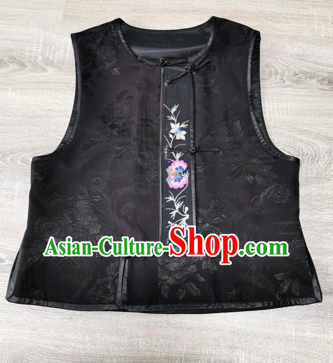 Top Grade China Black Silk Vest Traditional Tang Suit Upper Outer Garment Embroidered Waistcoat