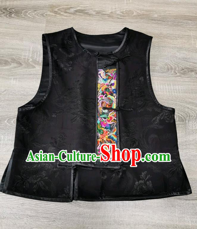 Top Grade Embroidered Waistcoat China Black Silk Vest Traditional Tang Suit Upper Outer Garment