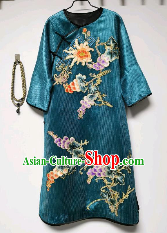 Chinese Embroidered Cheongsam Traditional Blue Corduroy Qipao Dress