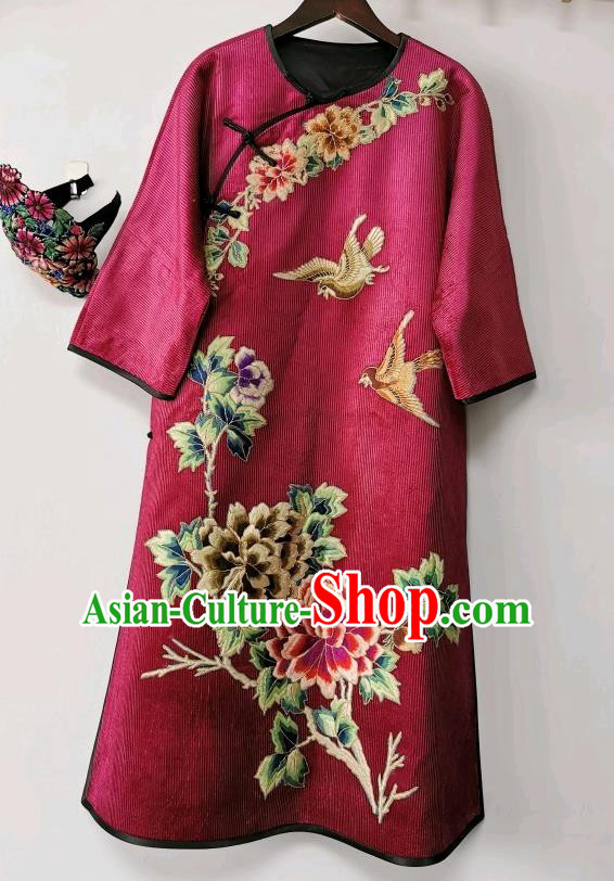 Chinese Embroidered Cheongsam Traditional Wine Red Corduroy Qipao Dress National Clothing