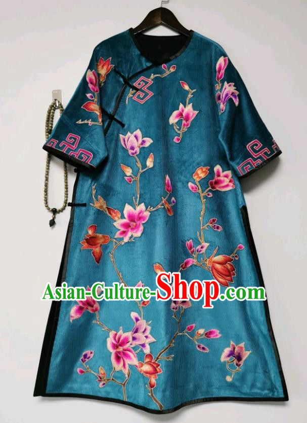 Chinese Embroidered Cheongsam Traditional Embroidery Mangnolia Blue Corduroy Qipao Dress National Clothing